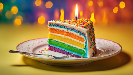 Closeup of vibrant slice of rainbow cake in a plate