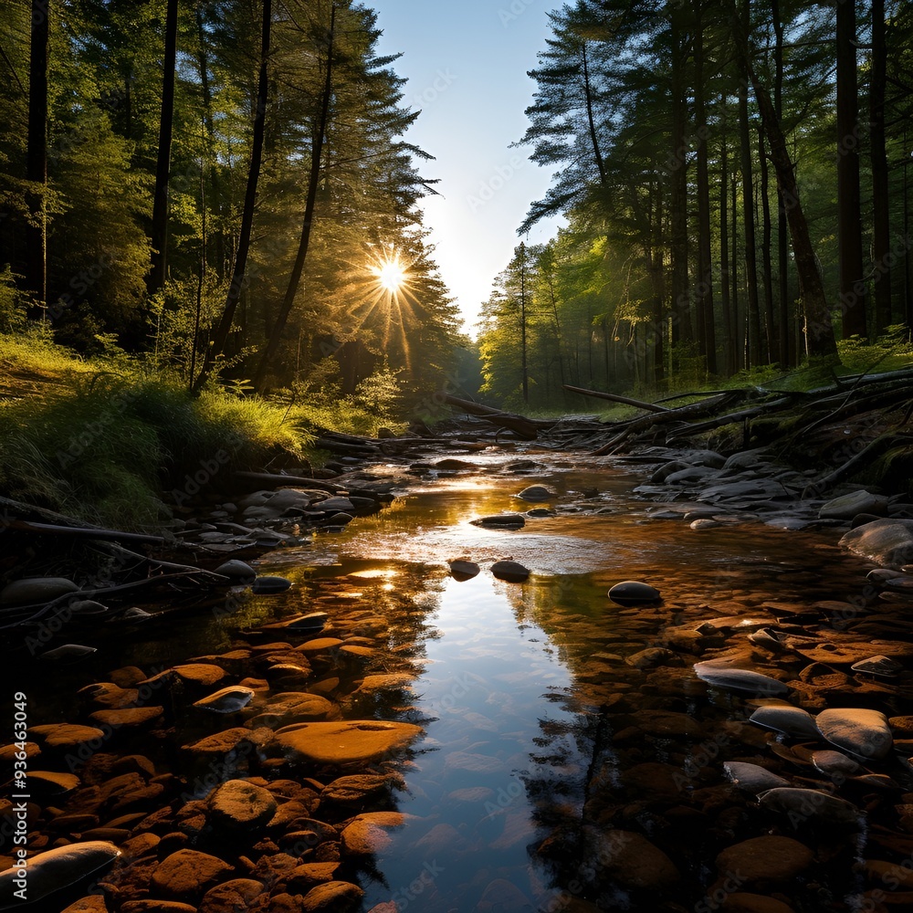 Poster a river with rocks and trees in the background.