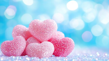 Obraz premium A glittery pile of pink heart-shaped lollipops rests atop another pile of similar lollipops