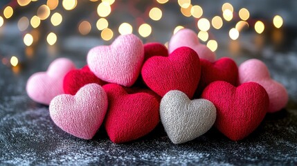 Obraz premium A pile of pink and white hearts sits atop a table, alongside a pile of red and white hearts