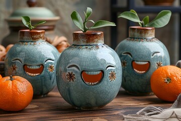 a group of vases with faces and a face on them. 