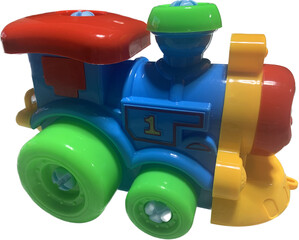 Fototapeta premium toy train on a white background, Colorful Plastic Steam locomotive toy die cut