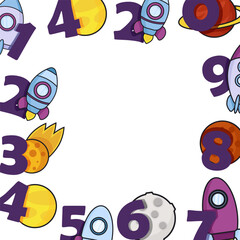 Square frame of cartoon numbers with space rockets, sun and planets