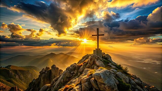 Dramatic sunset casts golden light on a solitary cross atop a rugged mountain peak, symbolizing unwavering faith and devotion to a higher power.