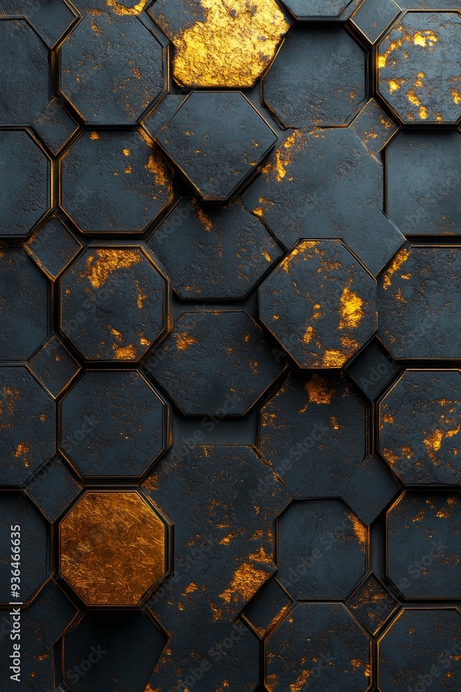 Poster Textured hexagonal pattern with dark background and golden accents in modern design