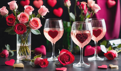 Three glasses of pink wine are set on a black table with a bouquet of pink and red roses and scattered red hearts