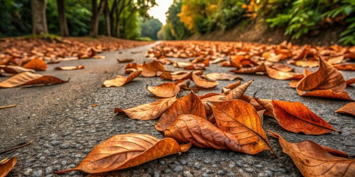 Dry brown ketapang leaves scattered on a rough, textured road, evoking a sense of natural decay and seasonal transition, perfect for autumn and summer concepts.