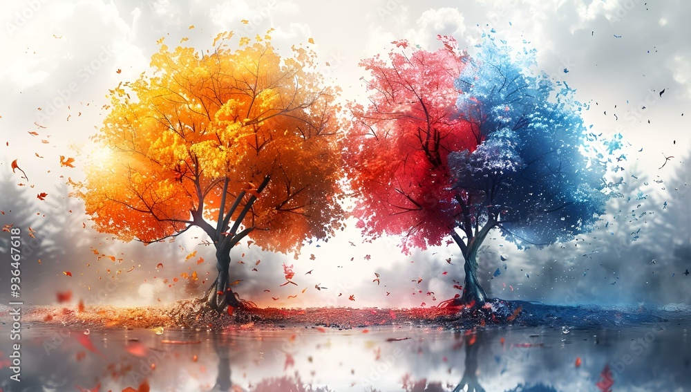 Poster a group of trees with different colors of leaves.