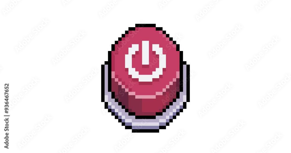 Poster red power off button animation in pixel art and 8bit style