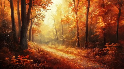 autumn forest in the morning, landscape illustration