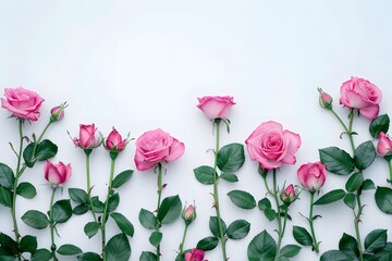 A lovely arrangement of vibrant pink roses lined up against a white background. Showcasing fresh blooms and buds, this image evokes feelings of elegance and romance.