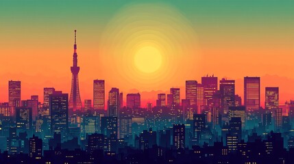 Tokyo skyline poster featuring a sunset over the city. Vector illustration in ukiyo-e style, showcasing Tokyo, Japan, with a sunset backdrop.