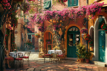 Nice cafe in old italian town, evening light, cute. Generative AI tools