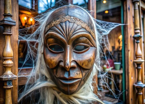 Eerie wooden mask, reminiscent of Chokve or Chokwe style, covered in cobwebs, displayed in an old shop window in Shanklin, England, exuding mysterious, ancient energy.