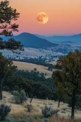 Full moon rising over rolling hills and trees at dusk in a serene landscape