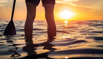 Summer scene on a beach day. A man holds an paddle, with his legs in the water at the seashore, with a stunning orange sunset on the background.