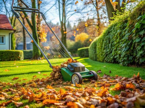 Electric scarifier machine is being used to remove thatch and moss from lawn, preparing the grass for winter, with autumn leaves scattered around.