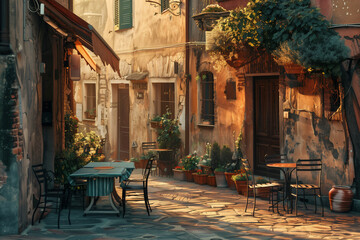 Obraz premium Nice cafe in old italian town, evening light, cute. Generative AI tools