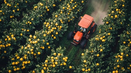 Tractor spraying pesticide in a citrus grove during daytime