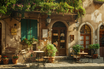 Obraz premium Nice cafe in old italian town, evening light, cute. Generative AI tools