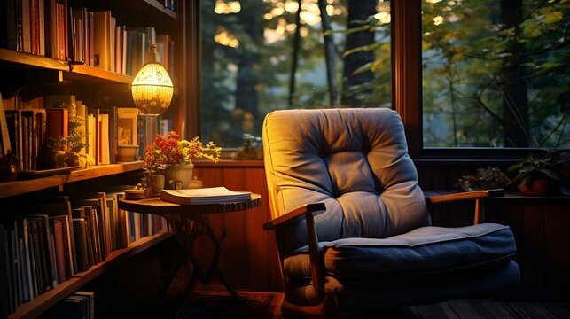 a chair in a broen and white room. 