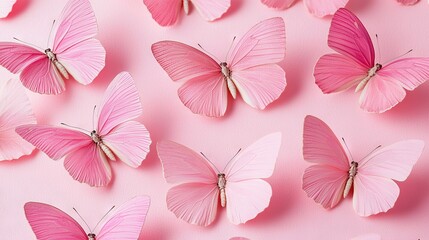 Obraz premium A cluster of pink butterflies perched on a pink background, with a solitary pink butterfly centered in the frame