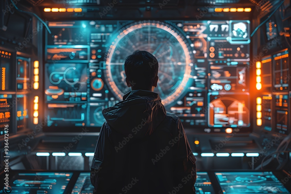 Poster futuristic control room with high-tech displays and a focused operator