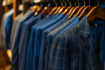 A stylish display of blue suits in a boutique. The shade of blue creates a calm and elegant atmosphere. Perfect for fashion enthusiasts. Generative AI