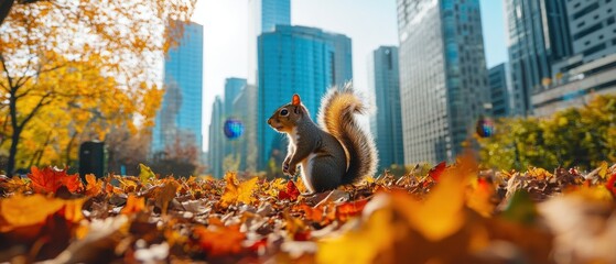 Squirrel exploring urban garden with tall buildings in the background autumn leaves vibrant colors showcasing wildlife adapting to city life