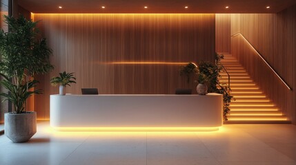 Modern reception area with stylish staircase and warm wooden accents in a contemporary building