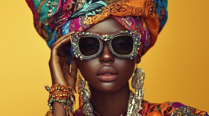 Ethnic-inspired fashion portrait bold cultural fusion elaborate jewelry vibrant textiles create captivating global fashion narrative rich traditions modern twists