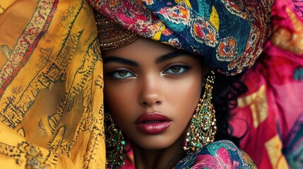 Ethnic-inspired fashion portrait bold cultural fusion elaborate jewelry vibrant textiles create captivating global fashion narrative rich traditions modern twists