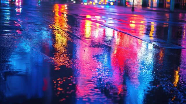 Artistic reflections of colorful city lights on wet pavement dynamic urban energy nighttime photography moody atmosphere