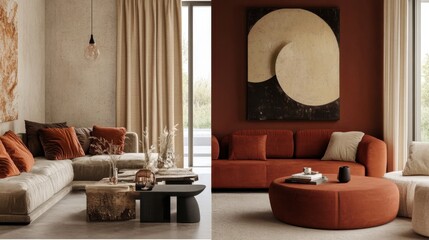 Warm hues of burnt orange and deep maroon combined with subtle beige accents for a cozy and inviting atmosphere