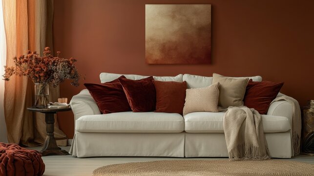 Warm hues of burnt orange and deep maroon combined with subtle beige accents for a cozy and inviting atmosphere
