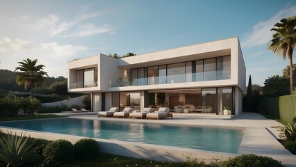 Fototapeta premium Architectural exterior design of lush green backyard of a palace with a crystal clear swimming pool filled with water of a house 