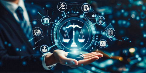 Business professional interacting with a futuristic holographic interface displaying legal and compliance icons, symbolizing advanced legal technology and regulatory oversight in a corporate setting.