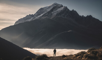 A lone hiker stands on a mountain ridge, gazing out at the snow-capped peak in the distance