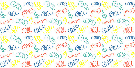Seamless pattern with colorful abstract squiggles arranged randomly on a transparent background. Creative template for children's fabric, cover or wrapping paper. Back to school theme. Vector
