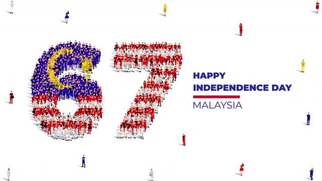 August 31 Happy Independence Day Malaysia Design. A large group of people form to create the number 67 as Malaysia celebrates its 67th Independence Day on the 31st of August. 4K Video animation.