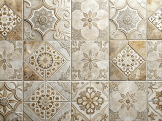 Elegant off-white ceramic floor and wall tiles featuring a random design pattern, set against a rustic marble textured background with a soft, cement plaster finish.