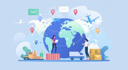 illustration of two people holding coins and standing on top, surrounded by global map pins with cargo ships and airplanes in the background Generative AI