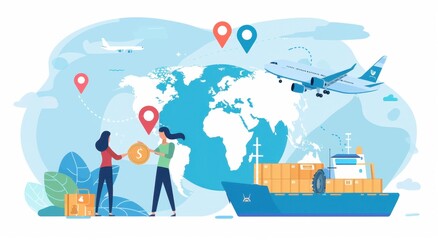 Naklejka premium illustration of two people holding coins, a cargo ship, and an airplane around the globe with global map location pins on a light blue background for an online logistics marketplace Generative AI