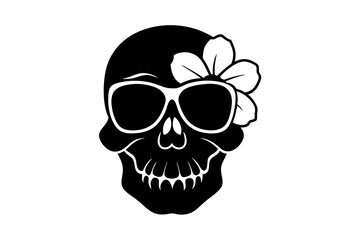 Black skull head wearing sunglasses on a white background