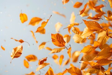 Captivating Autumn Leaves in Motion Against a Soft Blue Background