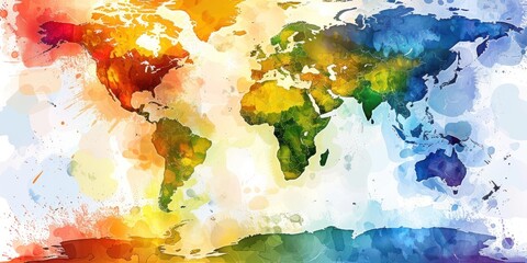 Vibrant world map illustration featuring a colorful representation of continents and regions, showcasing diverse cultures and nations on a creative background