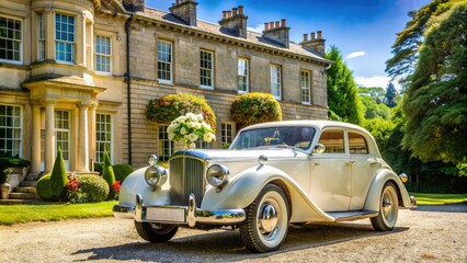 Elegant white wedding car adorned with flowers and ribbons, parked in front of a beautiful historic mansion with lush greenery on a sunny day.