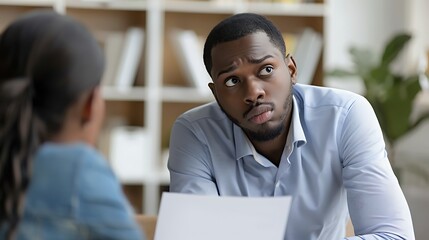 Obraz premium HR manager looking with suspicion at a CV of a male candidate, showing disappointment and a negative reaction from an over-the-shoulder perspective