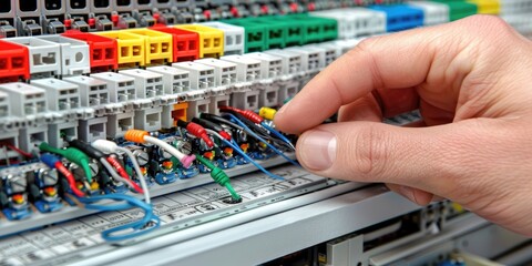 A technician examines power consumption connections in an electrical distribution panel to optimize energy efficiency during a routine inspection at a facility