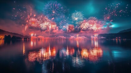 Obraz premium Bright fireworks reflecting in a serene lake perfect for creating festive and celebratory wallpaper designs